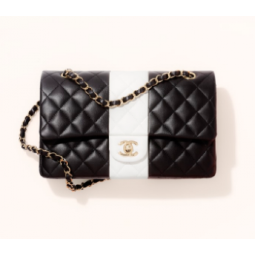 Chanel BOLSO DE MANO CLÁSICO Cordero Oro Metal A01112 Negro Blanco