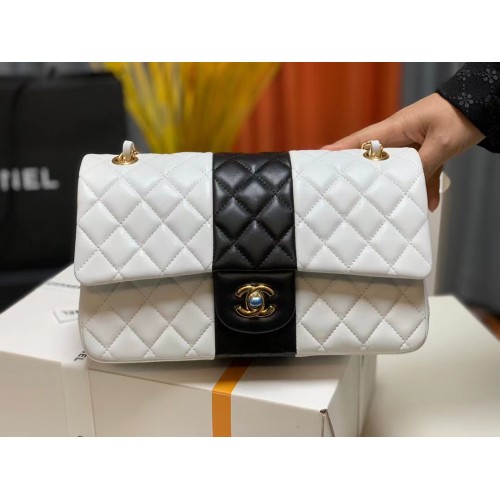 Chanel BOLSO DE MANO CLÁSICO Cordero Oro Metal A01112 Blanco Negro