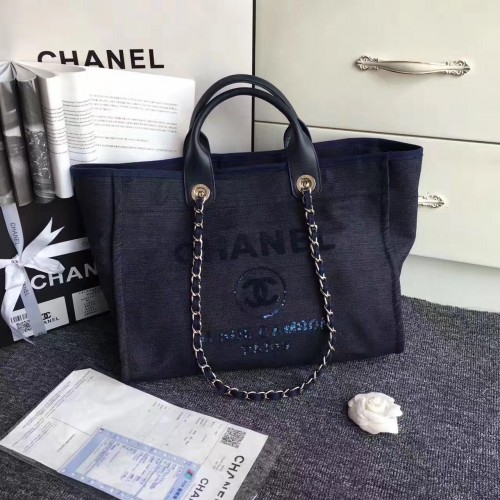 Bolso de compras Chanel Canvas Leather Tote azul oscuro A1679