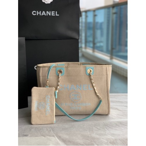 Chanel Canvas Shopping Bag 67001 Beige y azul cielo