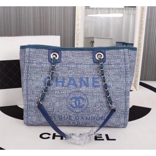 Chanel Canvas Shopping Bag Piel de becerro Metal plateado A23556 azul