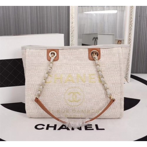 Bolso de compras de lona Chanel Piel de becerro Metal plateado A23556 cremoso