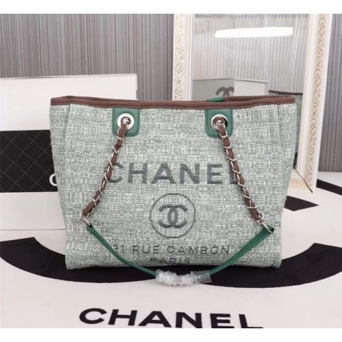 Chanel Canvas Shopping Bag Piel de becerro Metal plateado A23556 verde