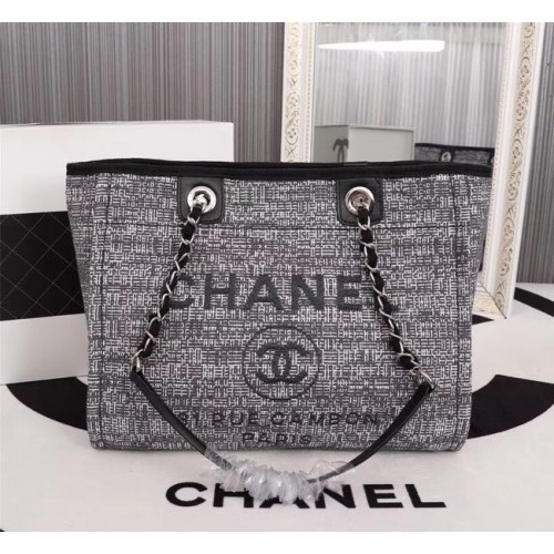 Chanel Canvas Shopping Bag Piel de becerro Metal plateado A23556 gris