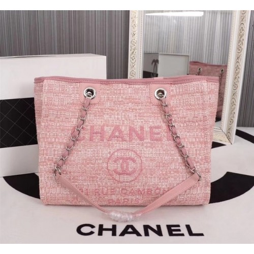 Chanel Canvas Shopping Bag Piel de becerro Metal plateado A23556 rosa