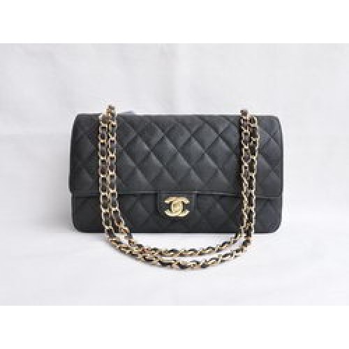 Chanel Classic 2.55 Series Bolso con solapa acolchada con cadena dorada de caviar negro 1113