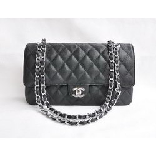 Chanel Classic 2.55 Series Bolso con solapa acolchada con cadena plateada y caviar negro 1113