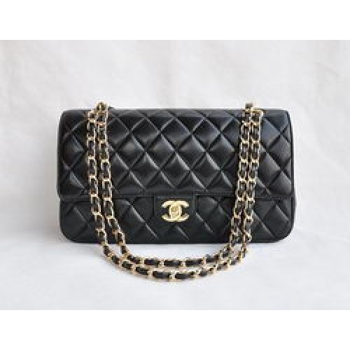 Chanel Classic 2.55 Series Bolso con solapa acolchada con cadena dorada de piel de cordero negra 1113