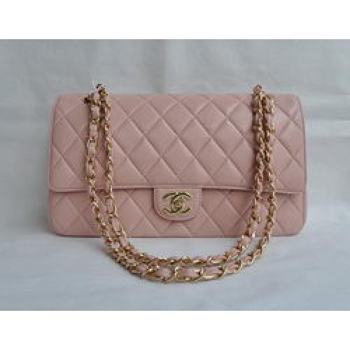Chanel Classic 2.55 Series Bolso con solapa acolchada con cadena dorada de piel de cordero rosa 1113
