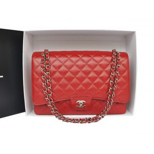 Chanel de calidad superior Classic A36070 Red Original Grain Leather Large Flap Bag Silver