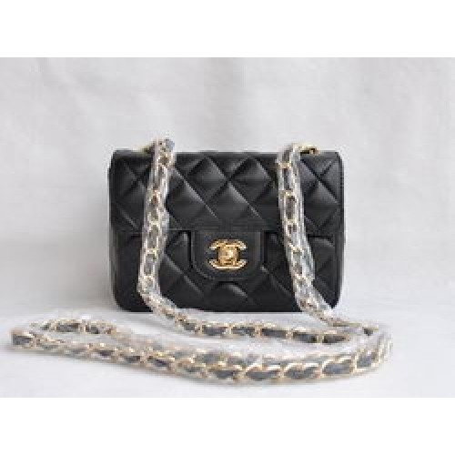 Bolso con solapa acolchada Chanel 1115 Cadena dorada de piel de cordero negra