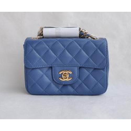 Bolso clásico con solapa acolchada con cadena dorada de piel de cordero azul de Chanel 1115