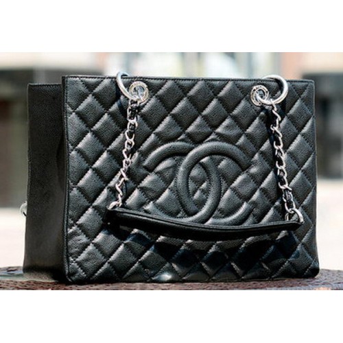 Chanel Classic Coco Bolso Negro GST Cannage Patrón A50995 Plata