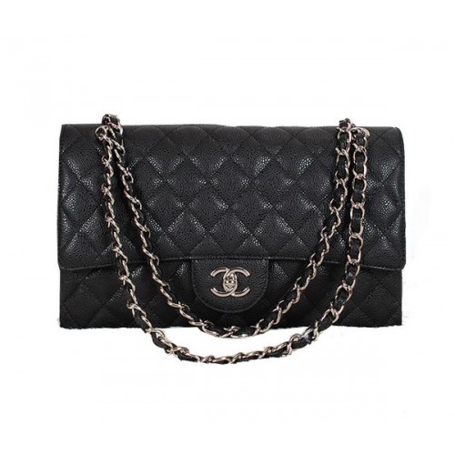 Chanel Classic Flap Bag 1113 Negro Original Cannage Pattern Cuero Plata