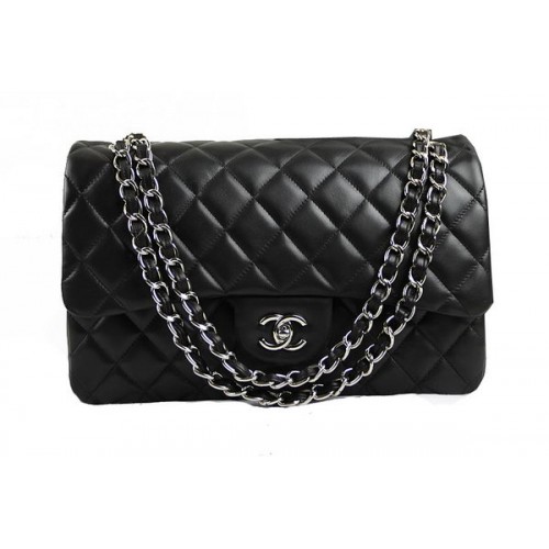 Chanel Classic Flap Bag 1113 Negro Original Cuero de piel de oveja Plata