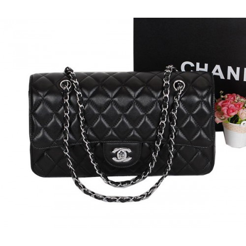 Chanel Classic Flap Bag 1113 Piel de oveja negra Plata