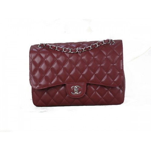 Chanel Classic Flap Bag 1113 Borgoña Original Cannage Patrón Cuero Plata