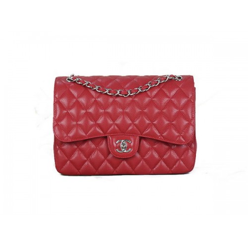 Chanel Classic Flap Bag 1113 Rojo Original Cannage Pattern Cuero Plata