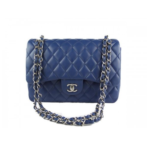 Chanel Classic Flap Bag 1113 RoyalBlue Original Piel de oveja Plata