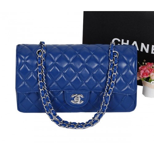 Chanel Classic Flap Bag 1113 RoyalBlue Cuero de piel de oveja Plata