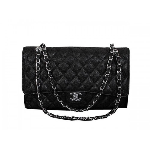 Chanel Classic Flap Bag 1119 Black Cannage Pattern Cuero Plata