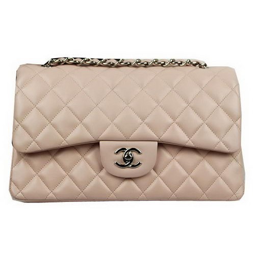Chanel Bolso Clásico con Solapa Beige Cuero Original CF1113 Plata