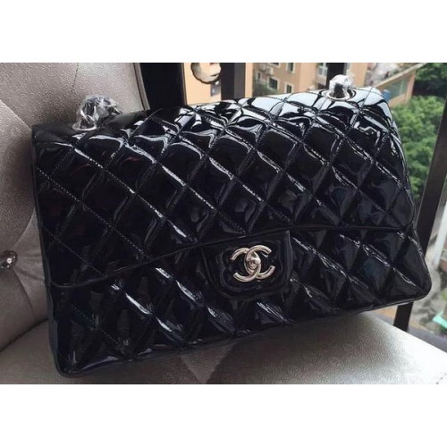 Chanel Classic Flap Bag Negro Original Charol A1113 Plata