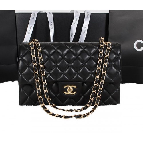 Chanel Classic Flap Bag Negro Original Piel De Oveja A1118 Oro