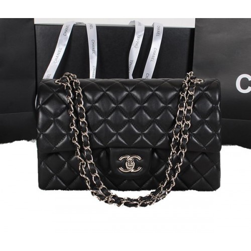 Chanel Classic Flap Bag Negro Original Piel de Oveja A1118 Plata