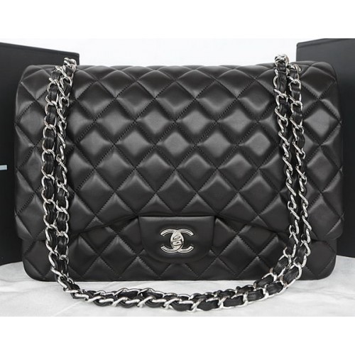 Chanel Classic Flap Bag Negro Original Piel de Oveja CFA1116 Plata