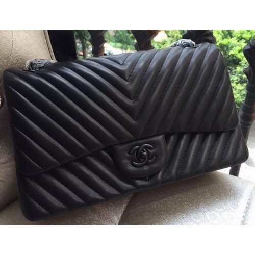 Chanel Classic Flap Bag Black Sheepskin Chevron Quilting A1113 Plata