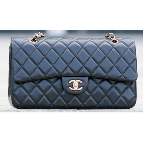 Chanel Classic Flap Bag Cuero de piel de oveja negro A1113 Oro