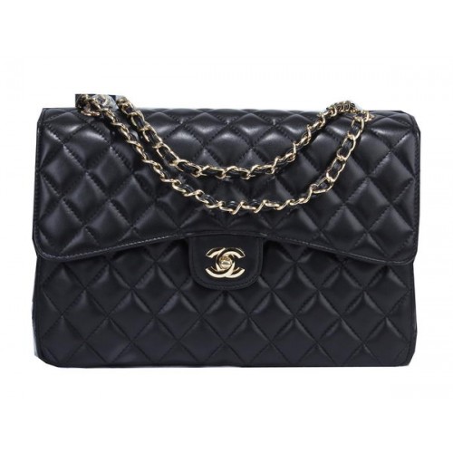 Chanel Classic Flap Bag Cuero de piel de oveja negro A36071 Oro
