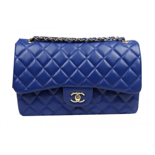 Chanel Bolso Clásico con Solapa Azul Cuero Original CF1113 Oro