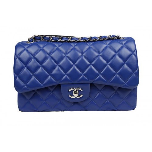 Chanel Bolso Clásico con Solapa Azul Cuero Original CF1113 Plata