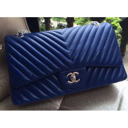 Chanel Classic Flap Bag Blue Sheepskin Chevron Quilting A1113 Plata