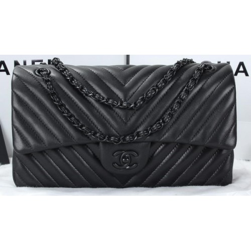 Chanel Classic Flap Bag Lambskin Chevron Quilting A01113 Negro