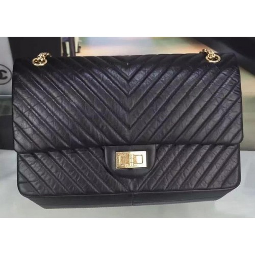 Chanel Classic Flap Bag Original Chevron Cuero A90669 Negro