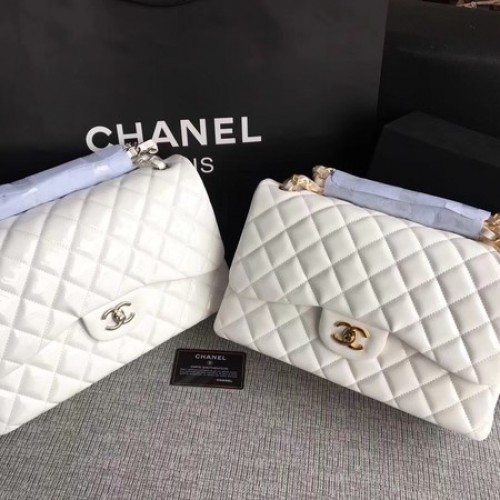 Chanel Classic Flap Bag Cuero Original A1113 Blanco
