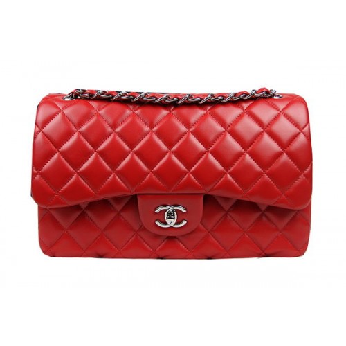 Bolso Chanel Classic Flap Rojo Cuero Original CF1113 Plata
