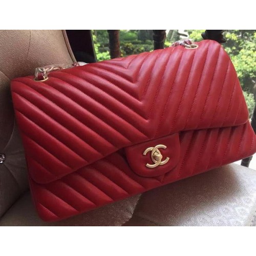 Chanel Classic Flap Bag Red Sheepskin Chevron Quilting A1113 Oro