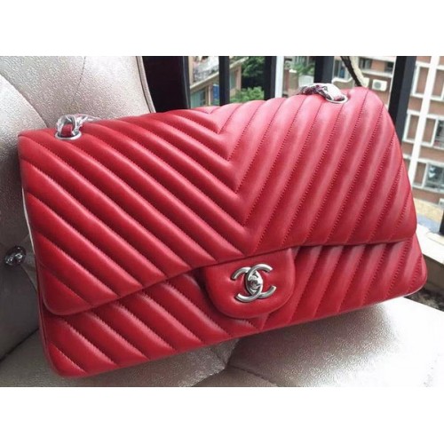 Chanel Classic Flap Bag Red Sheepskin Chevron Quilting A1113 Plata