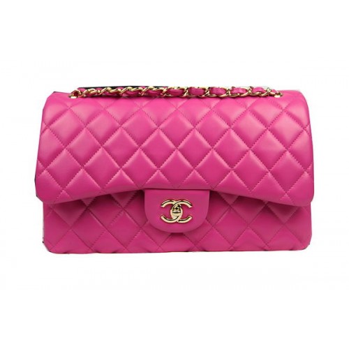 Chanel Bolso Clásico con Solapa Rosa Cuero Original CF1113 Oro
