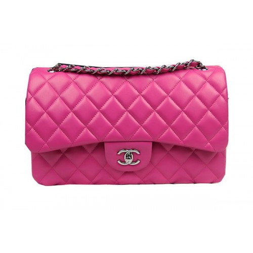 Chanel Bolso Clásico con Solapa Rosa Cuero Original CF1113 Plata