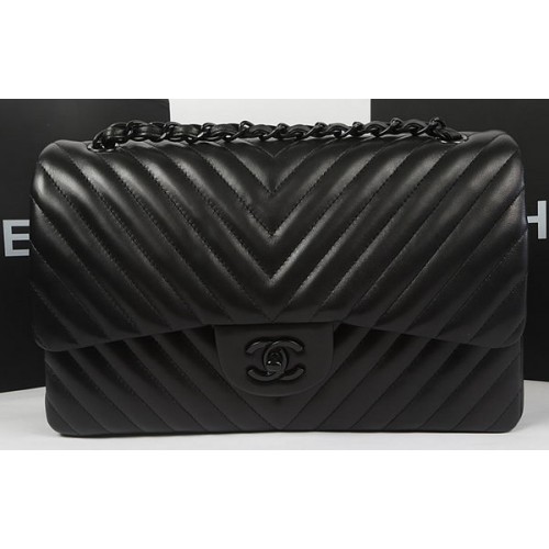 Chanel Classic Flap Bag Sheepskin Chevron Quilting A1113 Negro