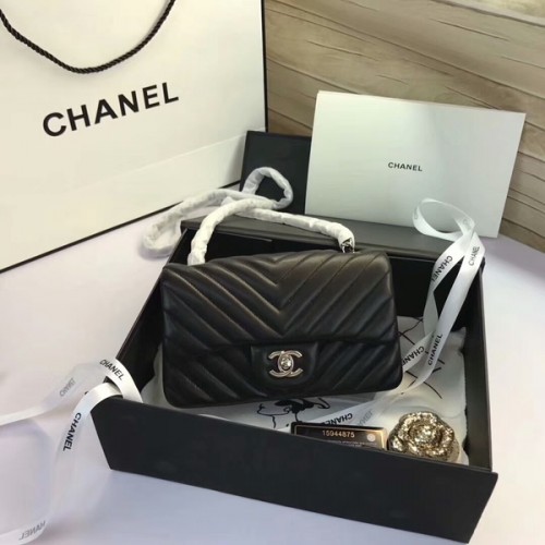 Chanel Classic Flap Bolsos Negro Original Cuero de piel de oveja 1116 Plata