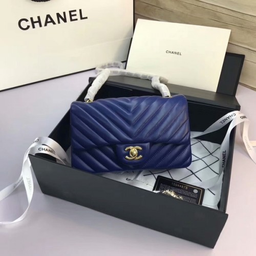Chanel Classic Flap Bolsos Azul Original Cuero de piel de oveja 1116 Oro