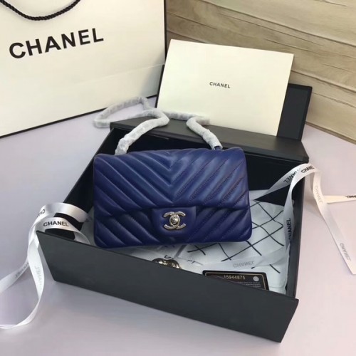 Chanel Classic Flap Bolsos Azul Original Cuero de piel de oveja 1116 Plata