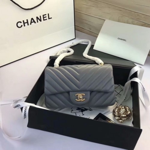 Chanel Classic Flap Bolsos Gris Original Cuero de piel de oveja 1116 Oro