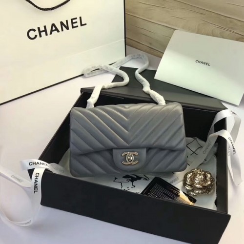 Chanel Classic Flap Bolsos Gris Original Cuero de piel de oveja 1116 Plata